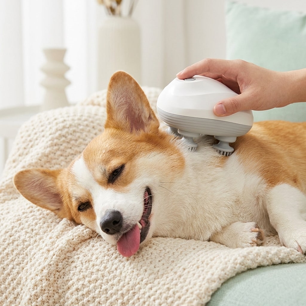 Happy corgi getting a neck massage with Melty Paws