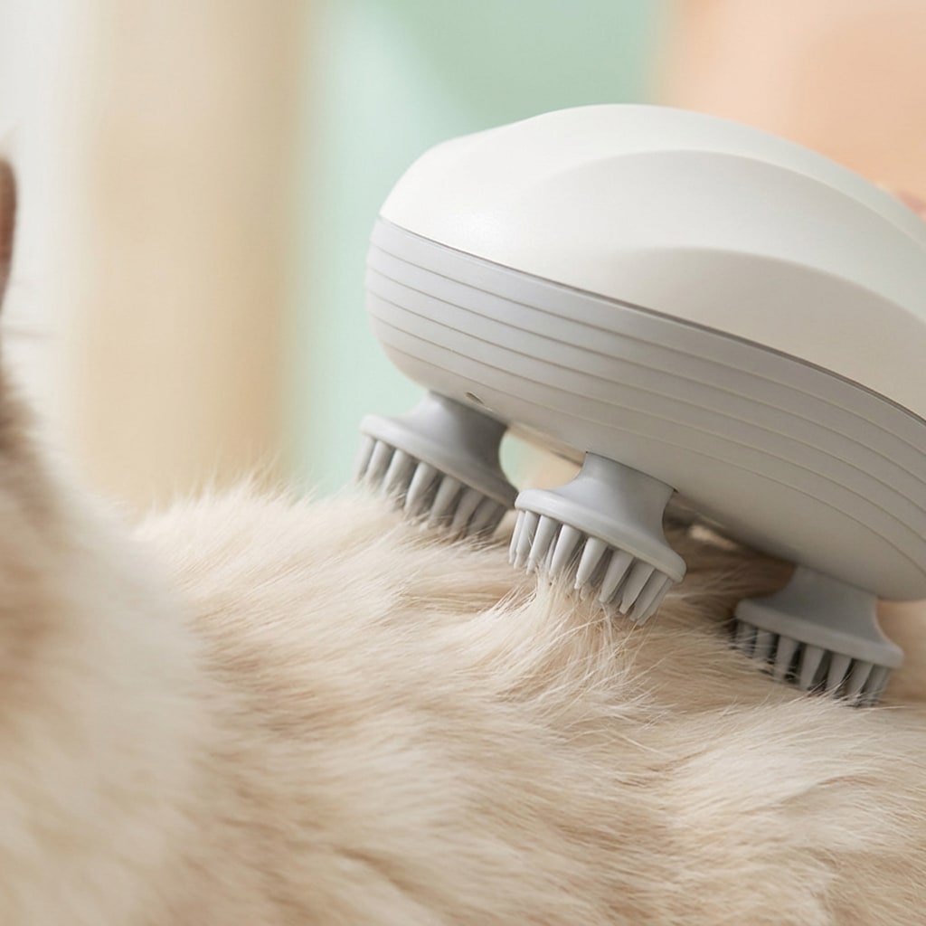 Soft silicone nubs of Melty Paws gliding through fluffy cat fur