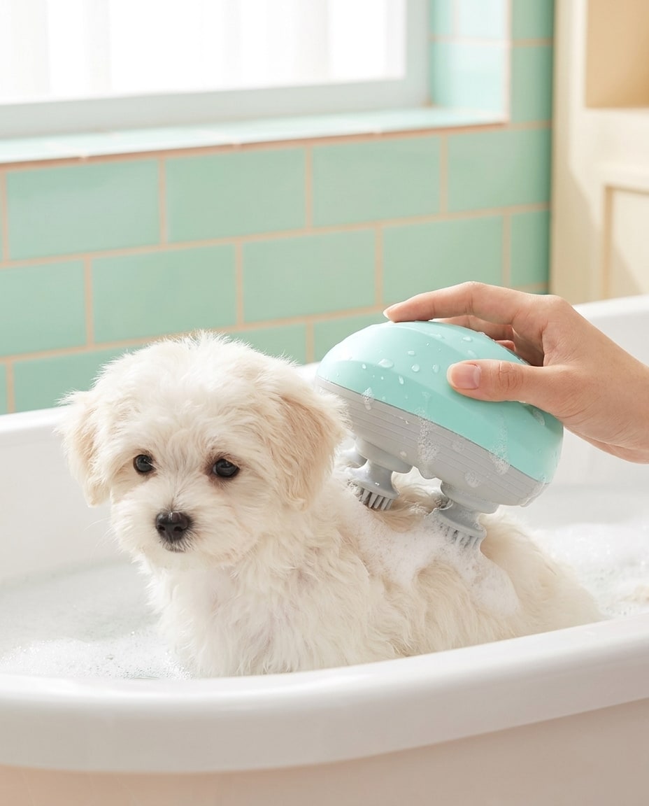 Waterproof Melty Paws massager used on a puppy at bath time