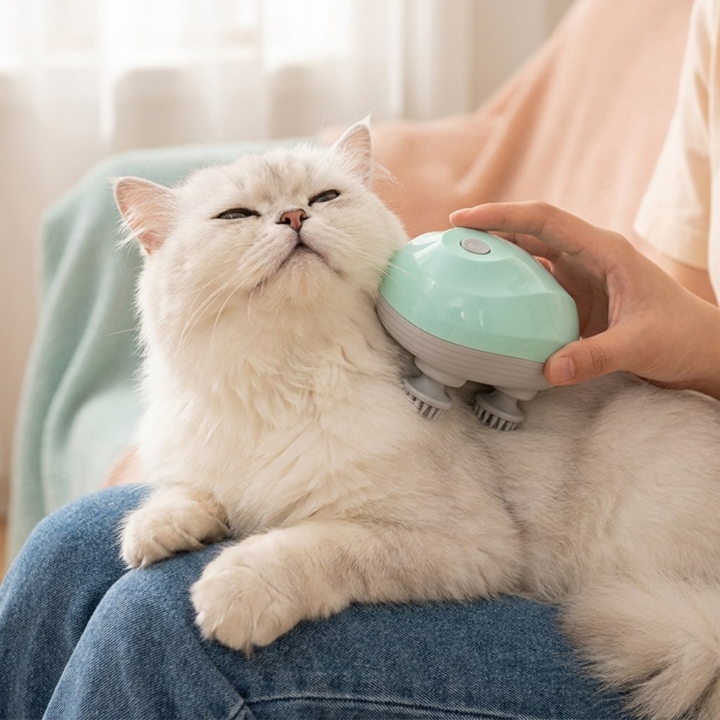 White Persian cat enjoying a Melty Paws neck massage on a lap