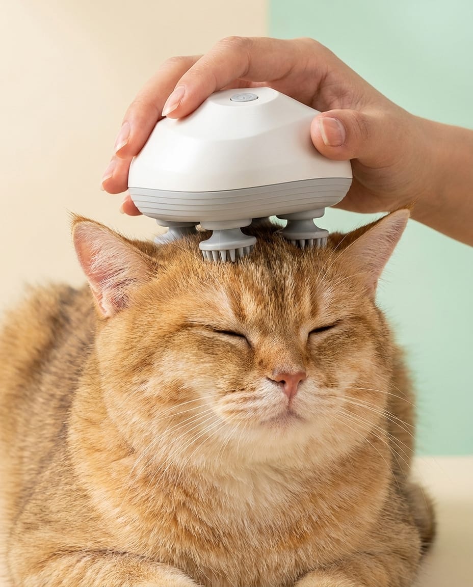 Ginger cat with eyes closed enjoying the Melty Paws head massager