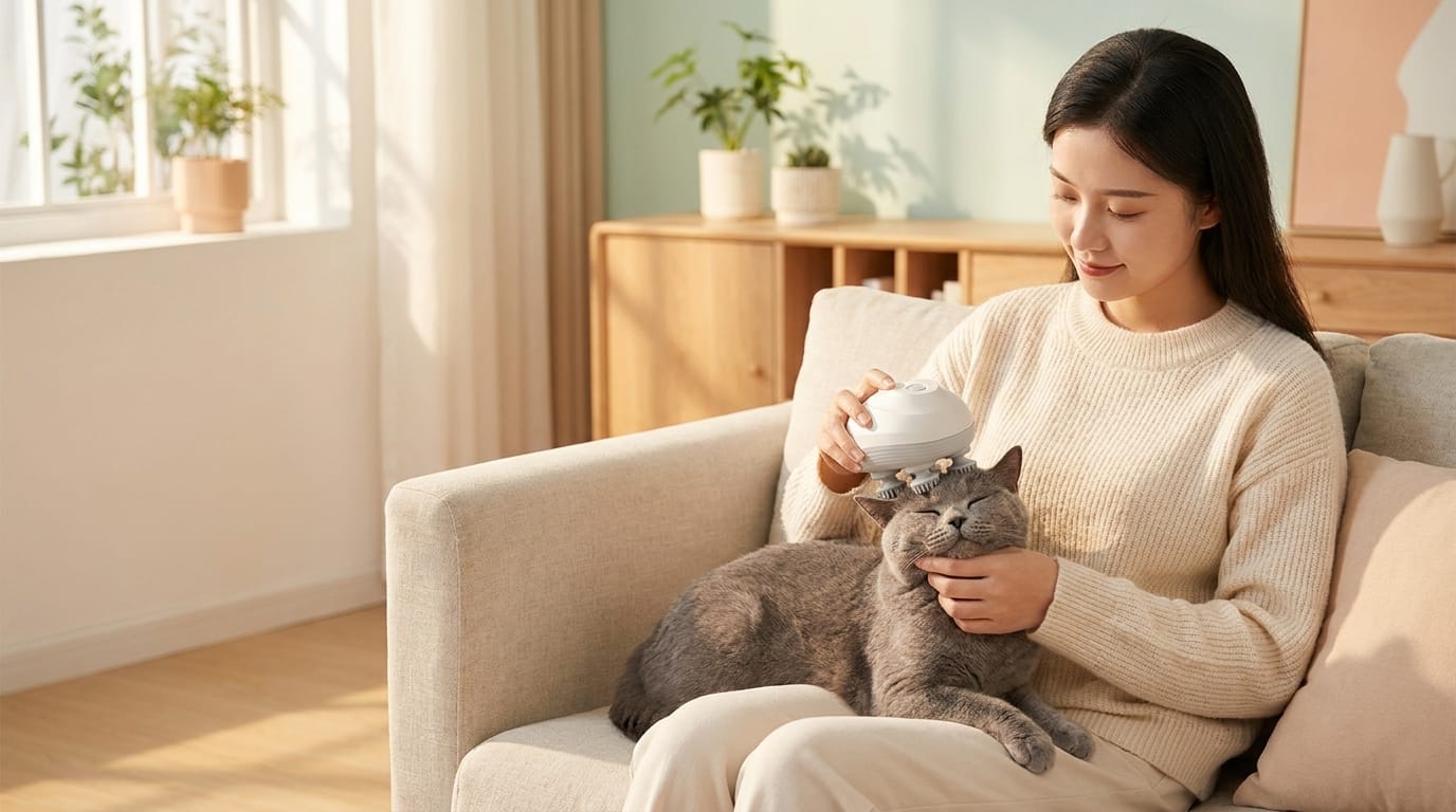 Woman on a sofa massaging her grey cat with the Melty Paws massager